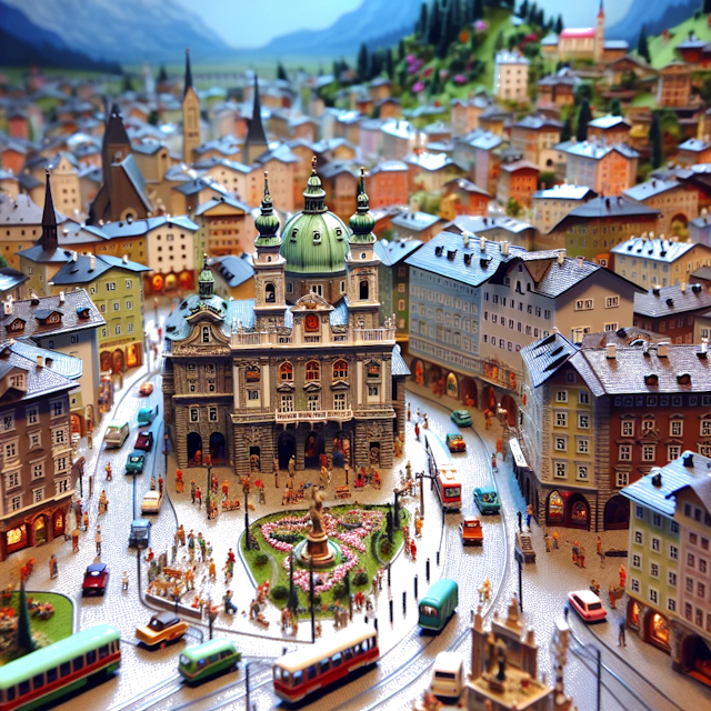 Create an image of intricate miniature model scene that encapsulates the vibrant essence and unique characteristics of City Salisburgo, in country Austria styled to echo the fascinating detail and whimsy of Miniatur World.