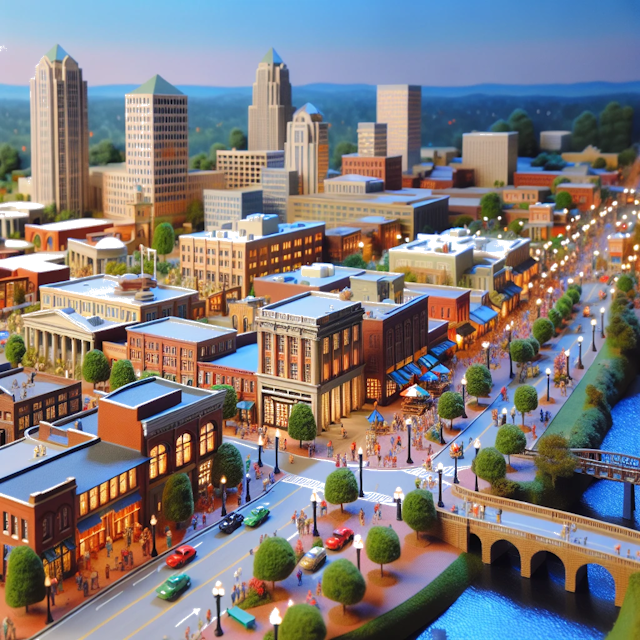 Create an image of intricate miniature model scene that encapsulates the vibrant essence and unique characteristics of City Greenville, in country Carolina del Sud styled to echo the fascinating detail and whimsy of Miniatur World.