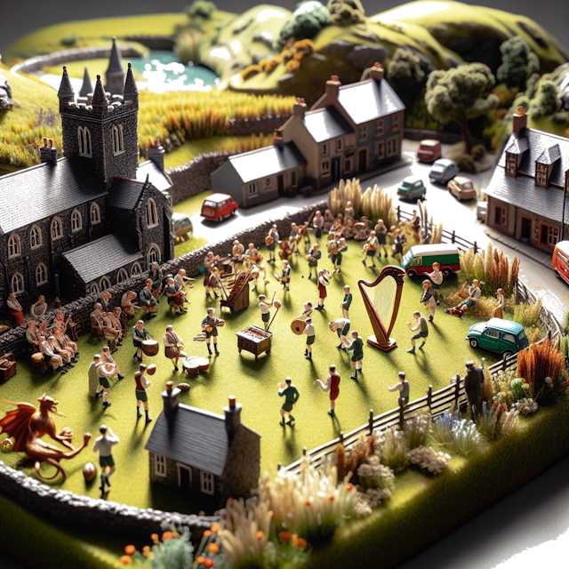 Create an image of intricate miniature model scene that encapsulates the vibrant essence and unique characteristics of Country Wales, styled to echo the fascinating detail and whimsy of Miniatur World.