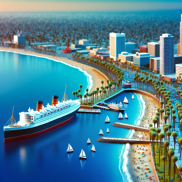 Create an image of intricate miniature model scene that encapsulates the vibrant essence and unique characteristics of City Long Beach, in country Californie styled to echo the fascinating detail and whimsy of Miniatur World.