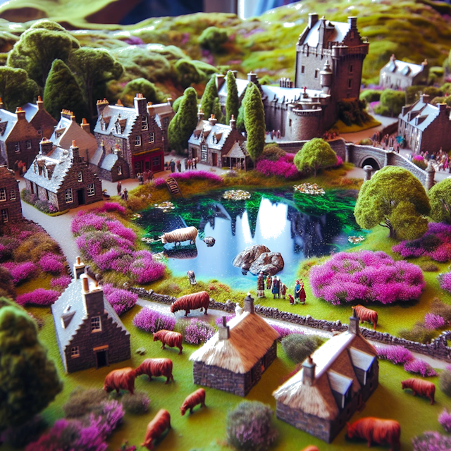 Create an image of intricate miniature model scene that encapsulates the vibrant essence and unique characteristics of Country Escocia, styled to echo the fascinating detail and whimsy of Miniatur World.