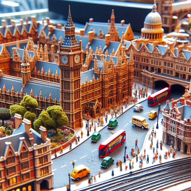 Create an image of intricate miniature model scene that encapsulates the vibrant essence and unique characteristics of City Angleterre, in country Royaume-Uni styled to echo the fascinating detail and whimsy of Miniatur World.