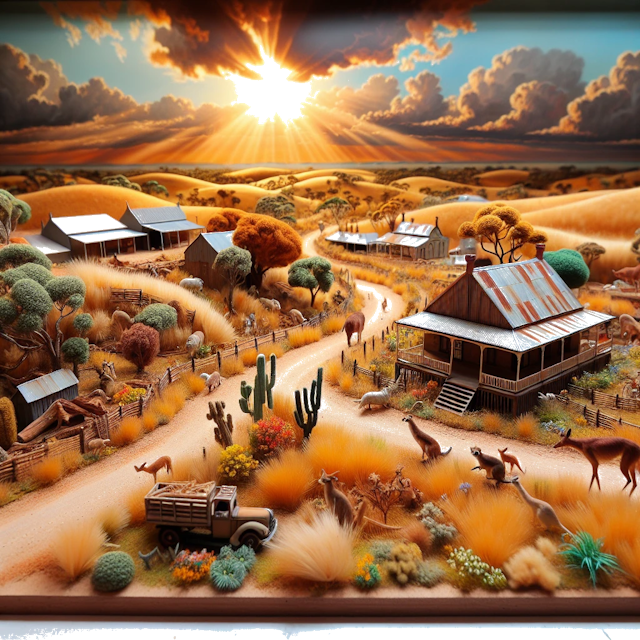 Create an image of intricate miniature model scene that encapsulates the vibrant essence and unique characteristics of Country Australia, styled to echo the fascinating detail and whimsy of Miniatur World.