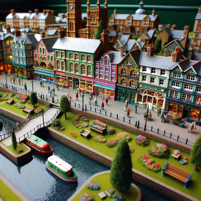 Create an image of intricate miniature model scene that encapsulates the vibrant essence and unique characteristics of City Telford, Shropshire, in country Angleterre styled to echo the fascinating detail and whimsy of Miniatur World.