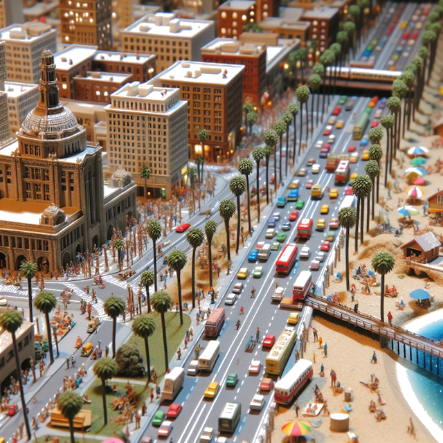 Create an image of intricate miniature model scene that encapsulates the vibrant essence and unique characteristics of City California, in country Stati Uniti styled to echo the fascinating detail and whimsy of Miniatur World.