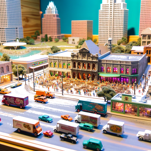 Create an image of intricate miniature model scene that encapsulates the vibrant essence and unique characteristics of Country Austin, styled to echo the fascinating detail and whimsy of Miniatur World.