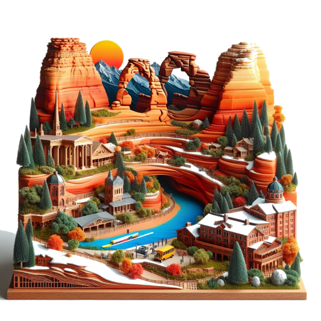 Create an image of intricate miniature model scene that encapsulates the vibrant essence and unique characteristics of Country Utah, styled to echo the fascinating detail and whimsy of Miniatur World.