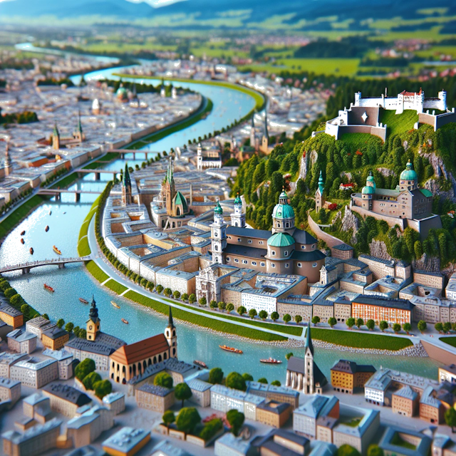 Create an image of intricate miniature model scene that encapsulates the vibrant essence and unique characteristics of City Salzbourg, in country Autriche styled to echo the fascinating detail and whimsy of Miniatur World.