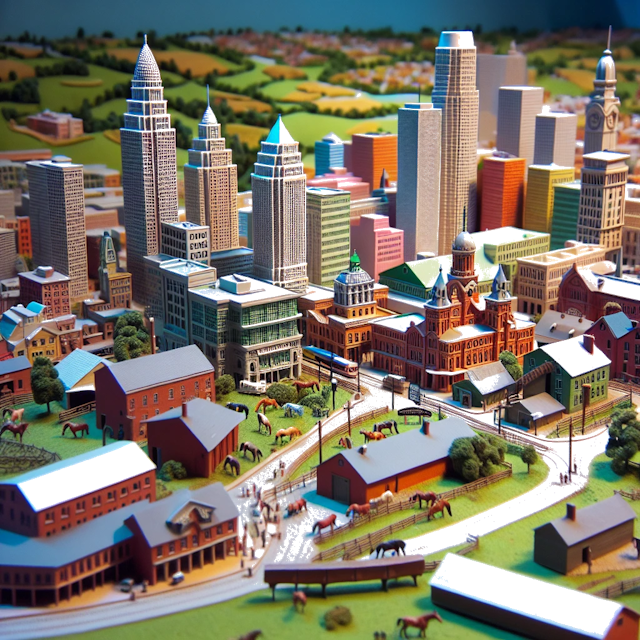 Create an image of intricate miniature model scene that encapsulates the vibrant essence and unique characteristics of City Kentucky, in country USA styled to echo the fascinating detail and whimsy of Miniatur World.