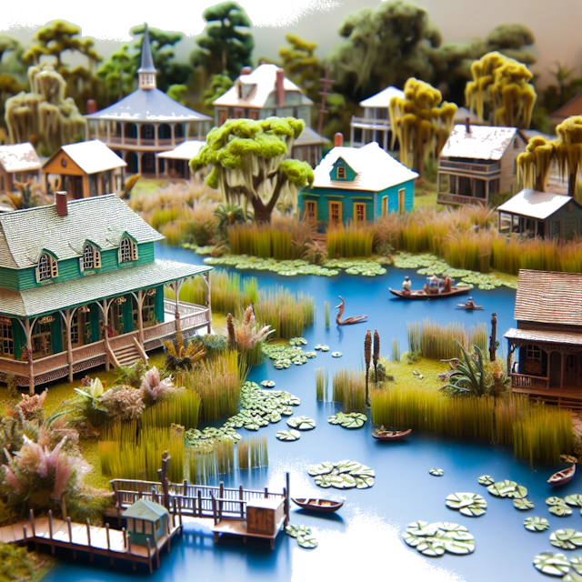 Create an image of intricate miniature model scene that encapsulates the vibrant essence and unique characteristics of Country Louisiana, styled to echo the fascinating detail and whimsy of Miniatur World.