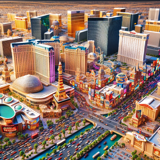 Create an image of intricate miniature model scene that encapsulates the vibrant essence and unique characteristics of City Las Vegas, in country Nevada styled to echo the fascinating detail and whimsy of Miniatur World.