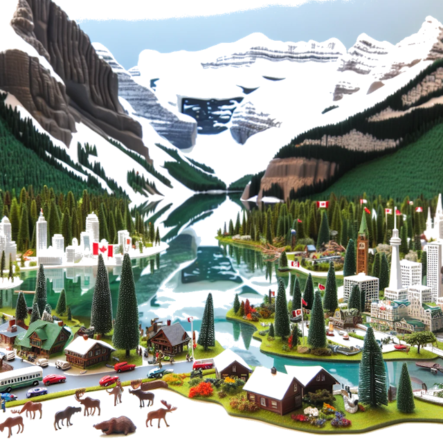 Create an image of intricate miniature model scene that encapsulates the vibrant essence and unique characteristics of Country Canadá, styled to echo the fascinating detail and whimsy of Miniatur World.