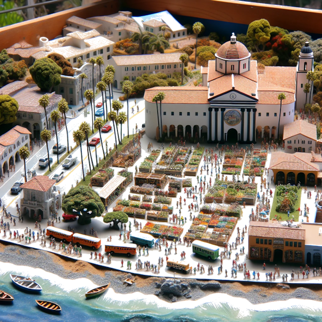 Create an image of intricate miniature model scene that encapsulates the vibrant essence and unique characteristics of City Santa Barbara, in country Californië styled to echo the fascinating detail and whimsy of Miniatur World.