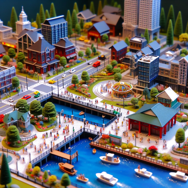 Create an image of intricate miniature model scene that encapsulates the vibrant essence and unique characteristics of City Ontario, in country Kanada styled to echo the fascinating detail and whimsy of Miniatur World.