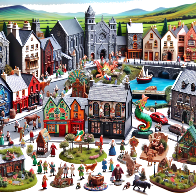 Create an image of intricate miniature model scene that encapsulates the vibrant essence and unique characteristics of Country Irlande, styled to echo the fascinating detail and whimsy of Miniatur World.