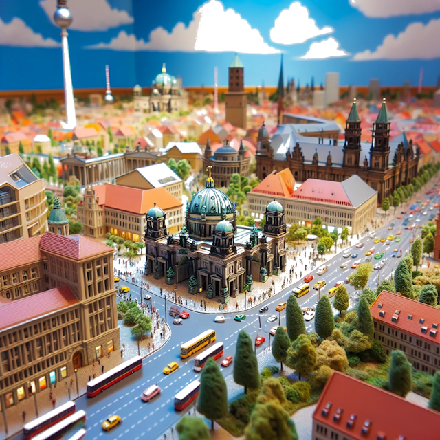 Create an image of intricate miniature model scene that encapsulates the vibrant essence and unique characteristics of City Germany, in country Berlin styled to echo the fascinating detail and whimsy of Miniatur World.