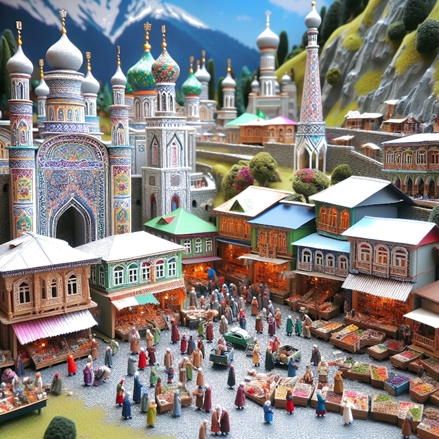 Create an image of intricate miniature model scene that encapsulates the vibrant essence and unique characteristics of City Dagestanskiye Ogni, in country Russie styled to echo the fascinating detail and whimsy of Miniatur World.