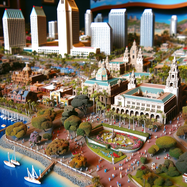 Create an image of intricate miniature model scene that encapsulates the vibrant essence and unique characteristics of City San Diego, in country Californie styled to echo the fascinating detail and whimsy of Miniatur World.