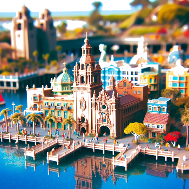Create an image of intricate miniature model scene that encapsulates the vibrant essence and unique characteristics of City San Diego, in country Califórnia styled to echo the fascinating detail and whimsy of Miniatur World.