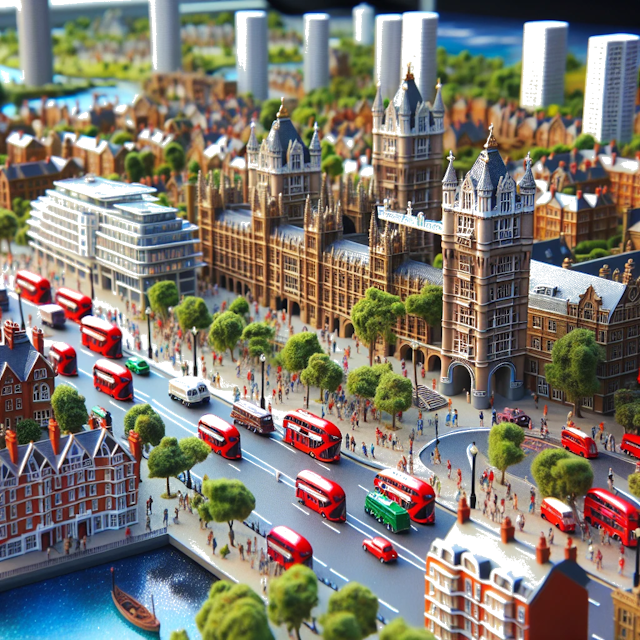 Create an image of intricate miniature model scene that encapsulates the vibrant essence and unique characteristics of City Londra, in country Inghilterra styled to echo the fascinating detail and whimsy of Miniatur World.