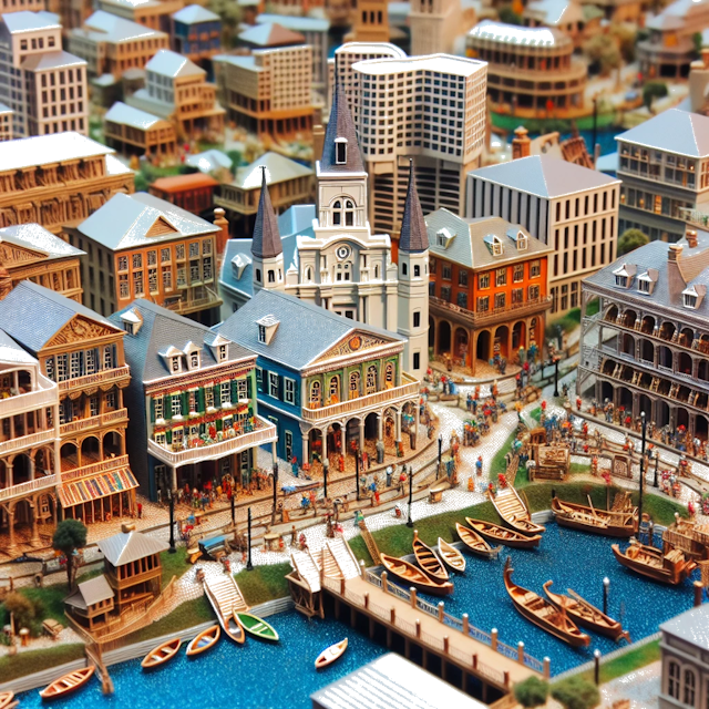 Create an image of intricate miniature model scene that encapsulates the vibrant essence and unique characteristics of City Louisiana, in country United States of America styled to echo the fascinating detail and whimsy of Miniatur World.