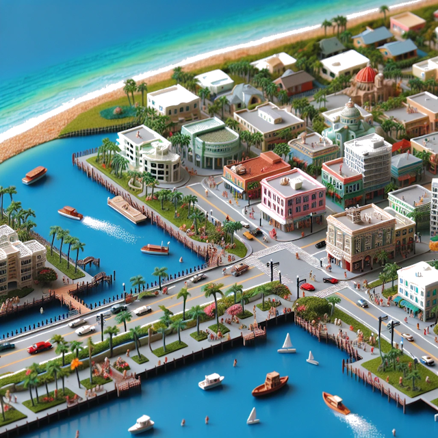 Create an image of intricate miniature model scene that encapsulates the vibrant essence and unique characteristics of City Boca Raton, in country Florida styled to echo the fascinating detail and whimsy of Miniatur World.