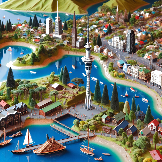 Create an image of intricate miniature model scene that encapsulates the vibrant essence and unique characteristics of Country New Zealand, styled to echo the fascinating detail and whimsy of Miniatur World.