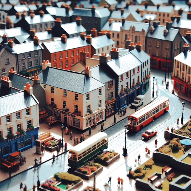 Create an image of intricate miniature model scene that encapsulates the vibrant essence and unique characteristics of City Ballinasloe, Comté de Galway, in country Irlande styled to echo the fascinating detail and whimsy of Miniatur World.