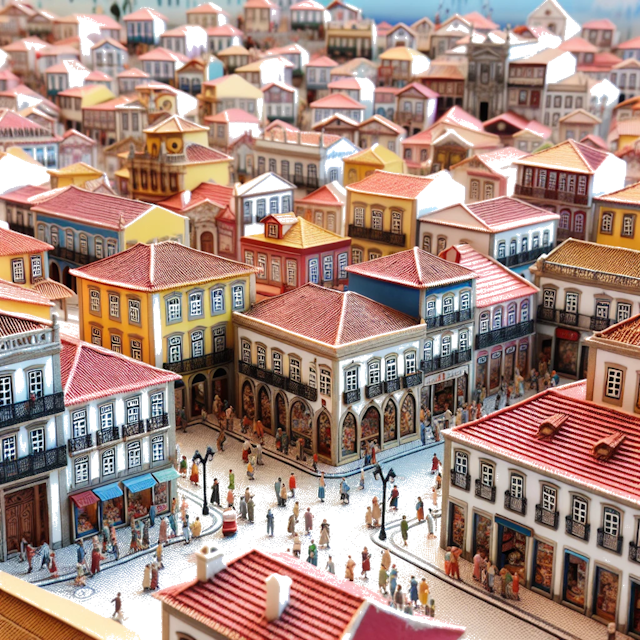 Create an image of intricate miniature model scene that encapsulates the vibrant essence and unique characteristics of City Mangualde, in country Portugal styled to echo the fascinating detail and whimsy of Miniatur World.