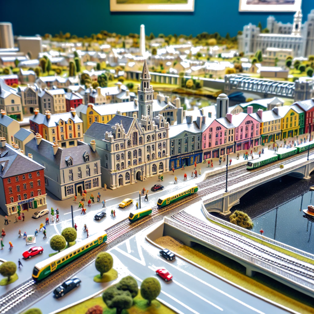 Create an image of intricate miniature model scene that encapsulates the vibrant essence and unique characteristics of City Limerick, in country Irlanda styled to echo the fascinating detail and whimsy of Miniatur World.