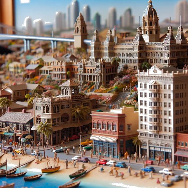 Create an image of intricate miniature model scene that encapsulates the vibrant essence and unique characteristics of City San Diego, in country Kalifornien styled to echo the fascinating detail and whimsy of Miniatur World.