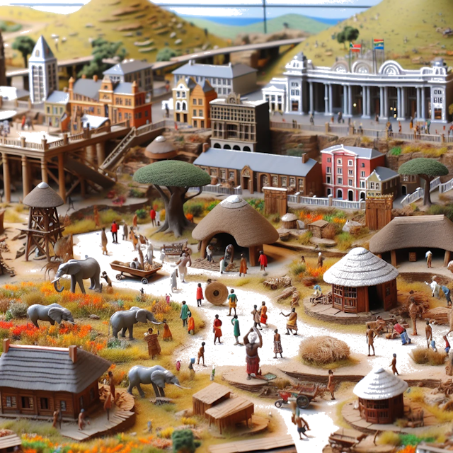Create an image of intricate miniature model scene that encapsulates the vibrant essence and unique characteristics of Country Sudafrica, styled to echo the fascinating detail and whimsy of Miniatur World.