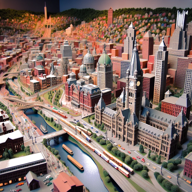 Create an image of intricate miniature model scene that encapsulates the vibrant essence and unique characteristics of City Pittsburgh, in country Pennsylvania styled to echo the fascinating detail and whimsy of Miniatur World.