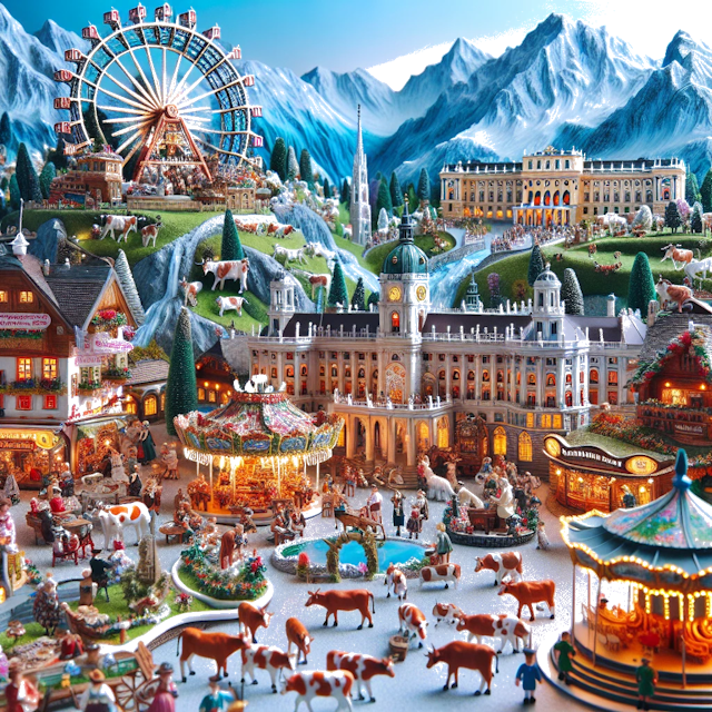 Create an image of intricate miniature model scene that encapsulates the vibrant essence and unique characteristics of Country Áustria, styled to echo the fascinating detail and whimsy of Miniatur World.