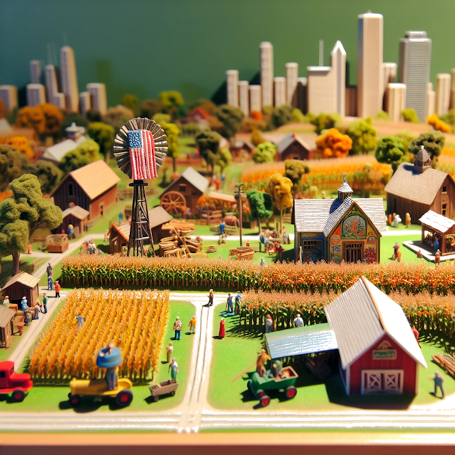 Create an image of intricate miniature model scene that encapsulates the vibrant essence and unique characteristics of Country Illinois, styled to echo the fascinating detail and whimsy of Miniatur World.