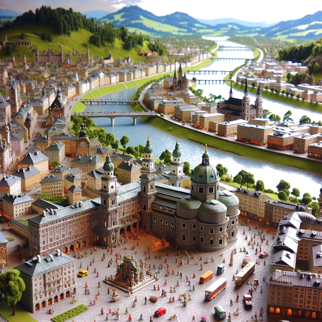 Create an image of intricate miniature model scene that encapsulates the vibrant essence and unique characteristics of City Salzburg, in country Oostenrijk styled to echo the fascinating detail and whimsy of Miniatur World.