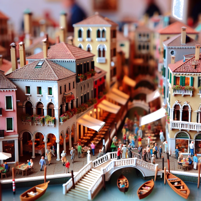 Create an image of intricate miniature model scene that encapsulates the vibrant essence and unique characteristics of City Venice, in country California styled to echo the fascinating detail and whimsy of Miniatur World.