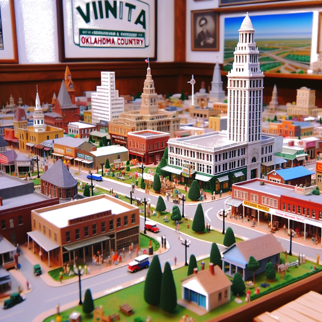 Create an image of intricate miniature model scene that encapsulates the vibrant essence and unique characteristics of City Vinita, in country Oklahoma styled to echo the fascinating detail and whimsy of Miniatur World.