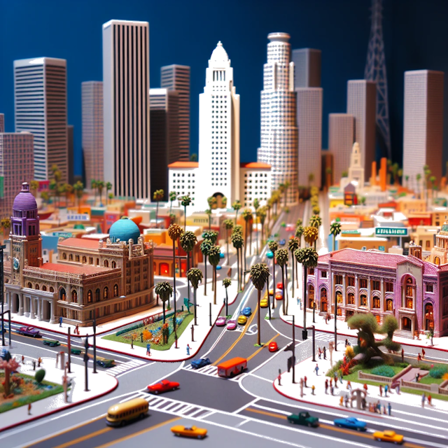 Create an image of intricate miniature model scene that encapsulates the vibrant essence and unique characteristics of City Los Angeles, in country California styled to echo the fascinating detail and whimsy of Miniatur World.