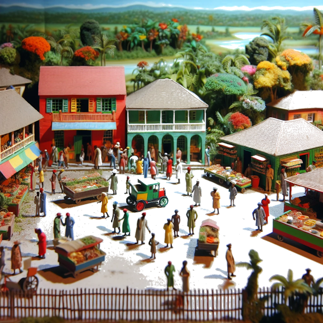 Create an image of intricate miniature model scene that encapsulates the vibrant essence and unique characteristics of Country Jamaica, styled to echo the fascinating detail and whimsy of Miniatur World.