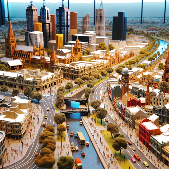 Create an image of intricate miniature model scene that encapsulates the vibrant essence and unique characteristics of City Melbourne, in country Australie styled to echo the fascinating detail and whimsy of Miniatur World.