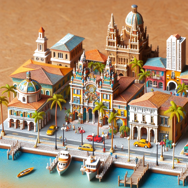 Create an image of intricate miniature model scene that encapsulates the vibrant essence and unique characteristics of City Estados Unidos, in country Boca Raton styled to echo the fascinating detail and whimsy of Miniatur World.