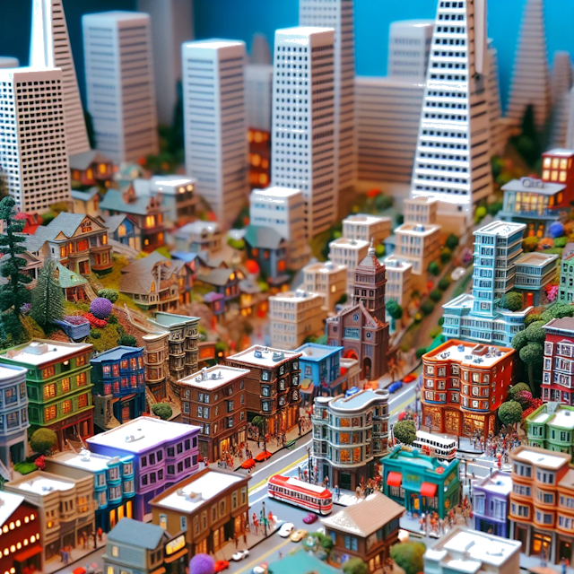Create an image of intricate miniature model scene that encapsulates the vibrant essence and unique characteristics of City États-Unis, in country Bay Area styled to echo the fascinating detail and whimsy of Miniatur World.