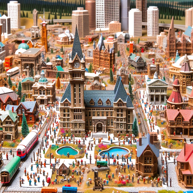 Create an image of intricate miniature model scene that encapsulates the vibrant essence and unique characteristics of City Calgary, Alberta, in country Canada styled to echo the fascinating detail and whimsy of Miniatur World.