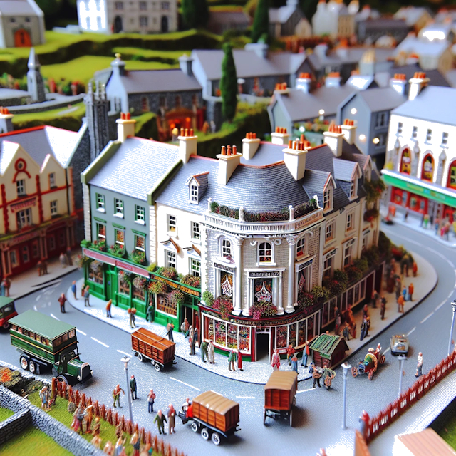 Create an image of intricate miniature model scene that encapsulates the vibrant essence and unique characteristics of City Ballinasloe, Contea di Galway, in country Irlanda styled to echo the fascinating detail and whimsy of Miniatur World.