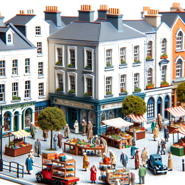 Create an image of intricate miniature model scene that encapsulates the vibrant essence and unique characteristics of City Ballinasloe, County Galway, in country Ireland styled to echo the fascinating detail and whimsy of Miniatur World.