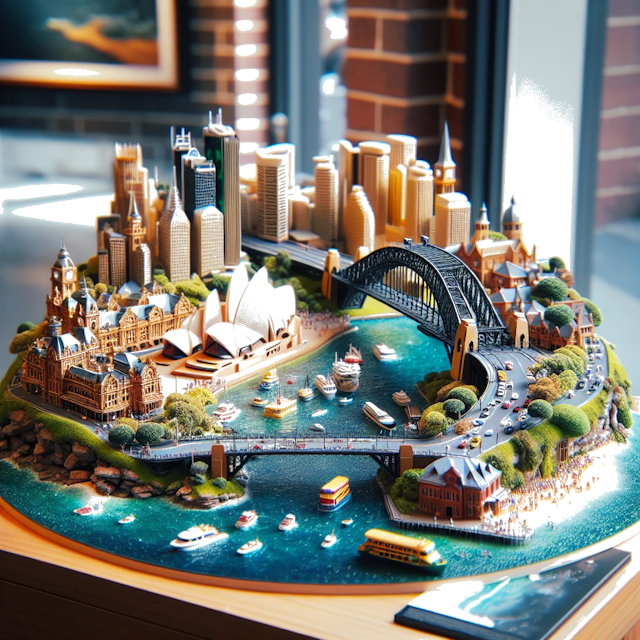 Create an image of intricate miniature model scene that encapsulates the vibrant essence and unique characteristics of City Australia, in country Sydney styled to echo the fascinating detail and whimsy of Miniatur World.
