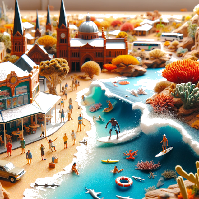 Create an image of intricate miniature model scene that encapsulates the vibrant essence and unique characteristics of Country Australien, styled to echo the fascinating detail and whimsy of Miniatur World.