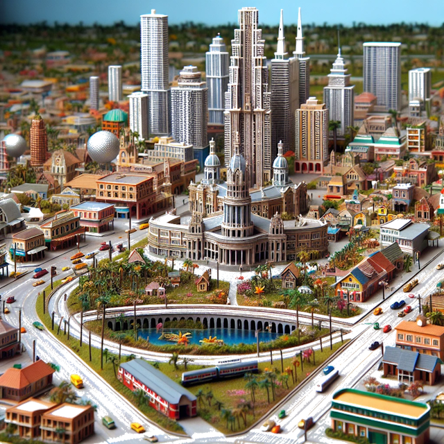 Create an image of intricate miniature model scene that encapsulates the vibrant essence and unique characteristics of City Pembroke Pines, in country Floride styled to echo the fascinating detail and whimsy of Miniatur World.