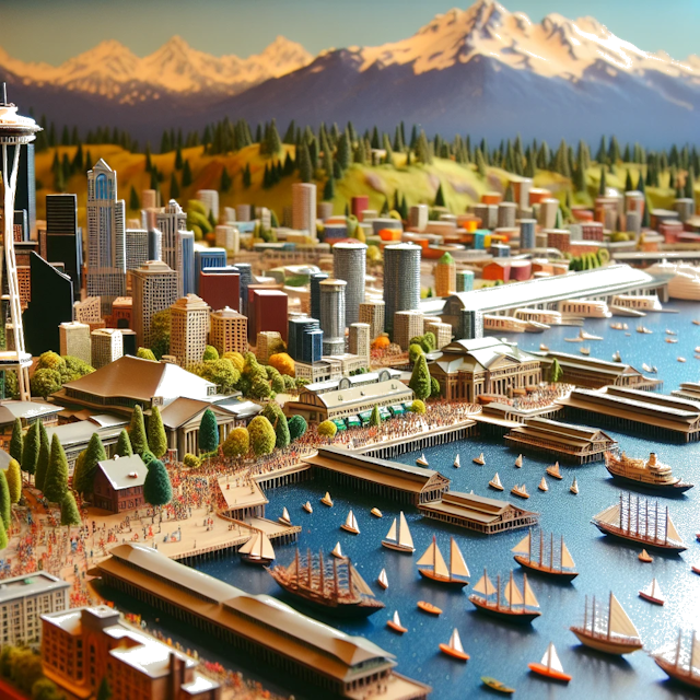 Create an image of intricate miniature model scene that encapsulates the vibrant essence and unique characteristics of City Seattle, in country Washington styled to echo the fascinating detail and whimsy of Miniatur World.